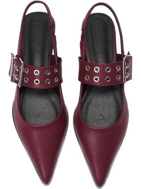 Women's Burgundy Buckled Straps Pointed Toe Slingback Flat Ballerina Shoes